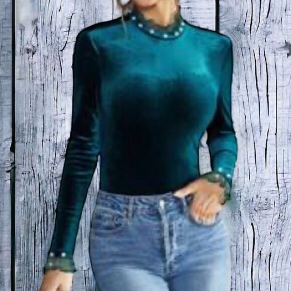 SHEIN NEW PRIVE PEARLS BEADED MOCK NECK EMERALD GREEN VELVET TOP BLOUSE LARGE - Picture 1 of 10